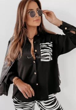Asymetryczna Koszula Oversize Z Kieszenia W Zebre Shantala Czarna