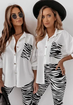 Asymetryczna Koszula Oversize Z Kieszenia W Zebre Shantala Ecru