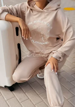 Bluza Z Nadrukiem Travel With Me Bezowa
