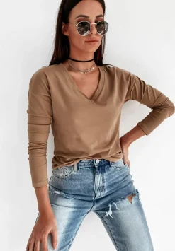 Bluzka Z Dekoltem W Serek Basic Camelowa