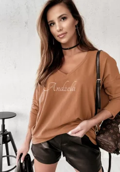 Bluzka Z Dekoltem W Serek Amore Ciemny Camel