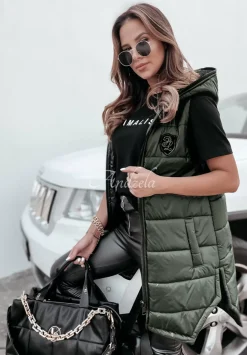 Dluga Asymetryczna Kamizelka Z Kapturem Mardin Khaki