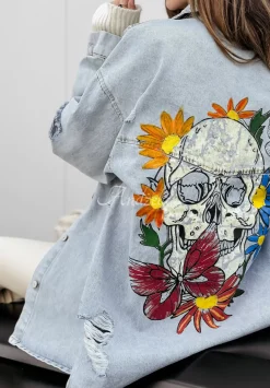 Dluga Kurtka Jeansowa Z Przetarciami I Nadrukiem Flowers Skull Jasnoniebieska