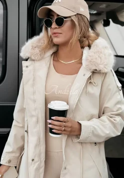 Dluga Kurtka Parka Z Futerkiem White Oaks Bezowa