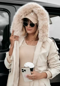Dluga Kurtka Parka Z Futerkiem White Oaks Bezowa