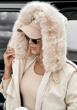 Dluga Kurtka Parka Z Futerkiem White Oaks Bezowa