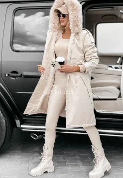 Dluga Kurtka Parka Z Futerkiem White Oaks Bezowa