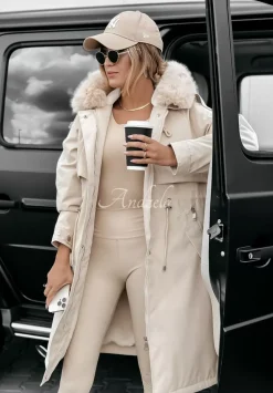 Dluga Kurtka Parka Z Futerkiem White Oaks Bezowa