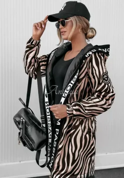 Dluga Kurtka W Zebre Shanti Bezowo-Czarna
