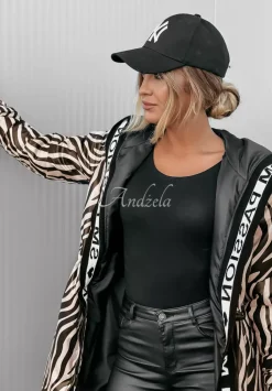 Dluga Kurtka W Zebre Shanti Bezowo-Czarna