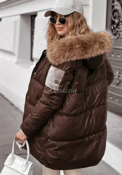 Dluga Pikowana Kurtka Happy Season Czekoladowa