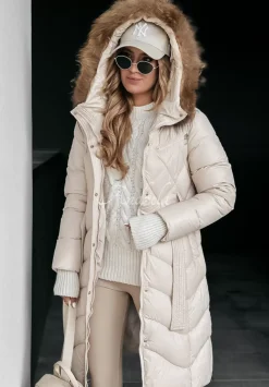 Dluga Pikowana Kurtka Z Futerkiem Hello Cold Days Bezowa