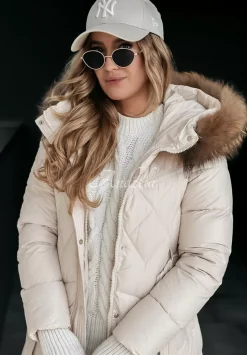 Dluga Pikowana Kurtka Z Futerkiem Hello Cold Days Bezowa