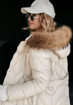 Dluga Pikowana Kurtka Z Futerkiem Hello Cold Days Bezowa
