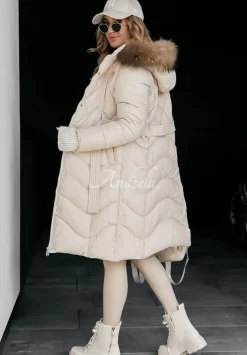 Dluga Pikowana Kurtka Z Futerkiem Hello Cold Days Bezowa