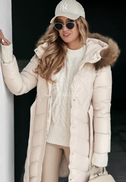 Dluga Pikowana Kurtka Z Futerkiem Hello Cold Days Bezowa