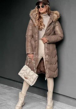 Dluga Pikowana Kurtka Z Futerkiem Hello Cold Days Czekoladowa