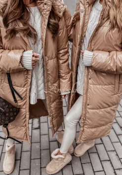 Dluga Pikowana Kurtka Z Kapturem Islandia Camelowa