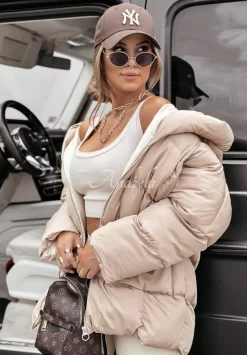Dluga Pikowana Kurtka Z Kapturem Cold Weather Bezowa
