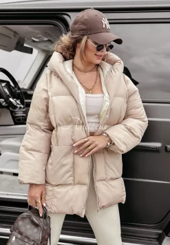 Dluga Pikowana Kurtka Z Kapturem Cold Weather Bezowa