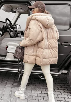 Dluga Pikowana Kurtka Z Kapturem Cold Weather Bezowa