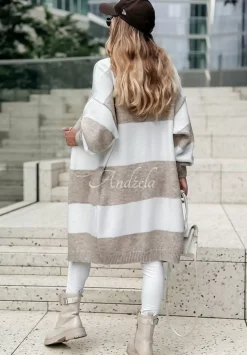 Dlugi Kardigan Oversize W Paski I Melt For You Bezowo-Bialy