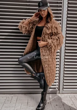Dlugi Kardigan Z Fredzlami Fringe Camelowy