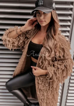 Dlugi Kardigan Z Fredzlami Fringe Camelowy