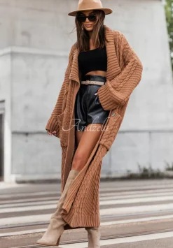 Dlugi Ozdobnie Pleciony Kardigan Cocomore Avalynn Camelowy