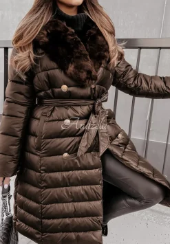 Dlugi Pikowany Plaszcz Kamizelka Z Futerkiem Antarctica Czekoladowy