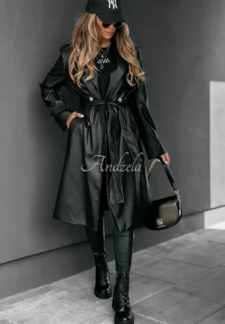 Dlugi Plaszcz Z Imitacji Skory Fall Into Style Czarny