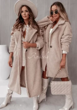 Dlugi Plaszcz Z Imitacji Kozucha Arctic Bezowy