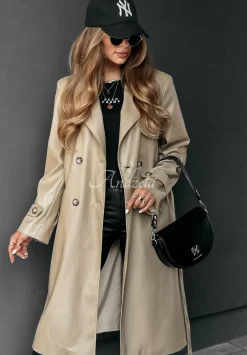 Dlugi Plaszcz Z Imitacji Skory Fall Into Style Bezowy