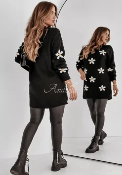 Dlugi Sweter W Kwiaty Daisy Delight Czarny
