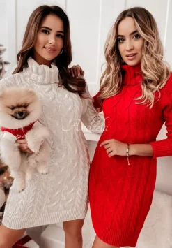 Dzianinowa Sukienka Sweter Z Golfem Sybilla Bezowa