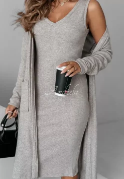 Dzianinowy Komplet Sukienka I Kardigan Cozy Cuddle Mokka