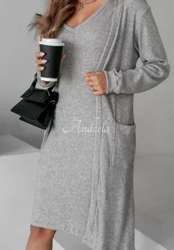 Dzianinowy Komplet Sukienka I Kardigan Cozy Cuddle Szary