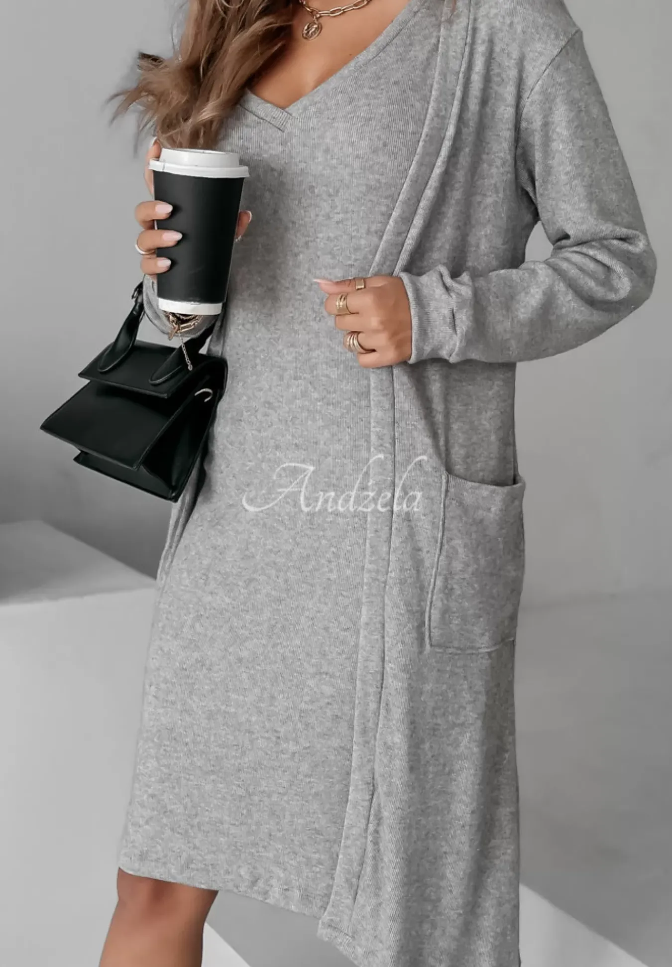 Dzianinowy Komplet Sukienka I Kardigan Cozy Cuddle Szary