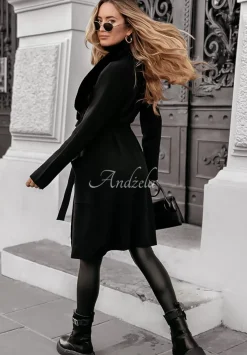 Dzianinowy Plaszcz Z Futrem Autumn Rain Czarny