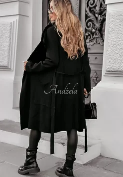 Dzianinowy Plaszcz Z Futrem Autumn Rain Czarny