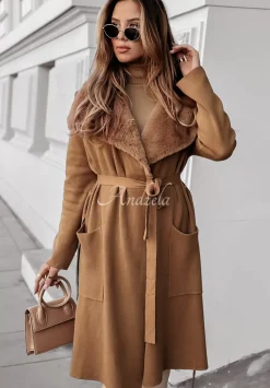 Dzianinowy Plaszcz Z Futrem Autumn Rain Camelowy