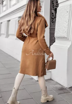 Dzianinowy Plaszcz Z Futrem Autumn Rain Camelowy