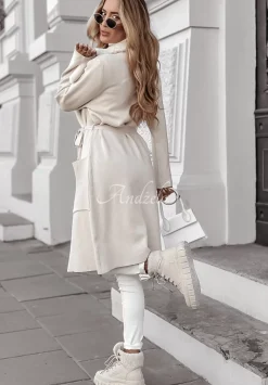 Dzianinowy Plaszcz Z Futrem Autumn Rain Bezowy