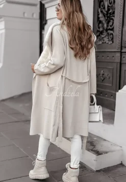 Dzianinowy Plaszcz Z Futrem Autumn Rain Bezowy