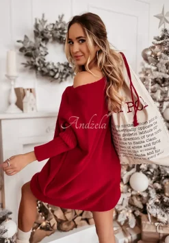 Dzianinowy Sweter Sukienka Oversize California Czerwony