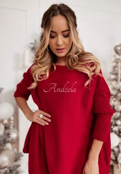 Dzianinowy Sweter Sukienka Oversize California Czerwony