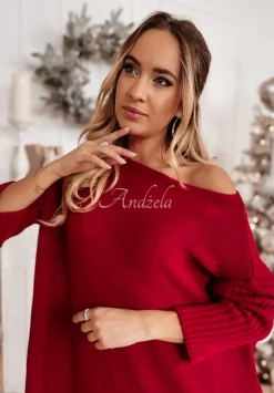 Dzianinowy Sweter Sukienka Oversize California Czerwony