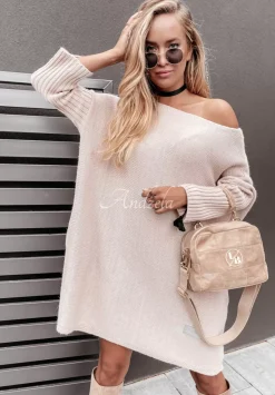 Dzianinowy Sweter Sukienka Oversize California Bezowy