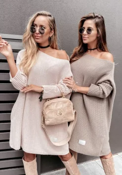 Dzianinowy Sweter Sukienka Oversize California Bezowy