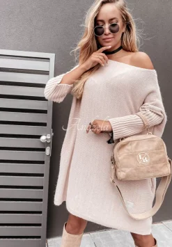 Dzianinowy Sweter Sukienka Oversize California Bezowy
